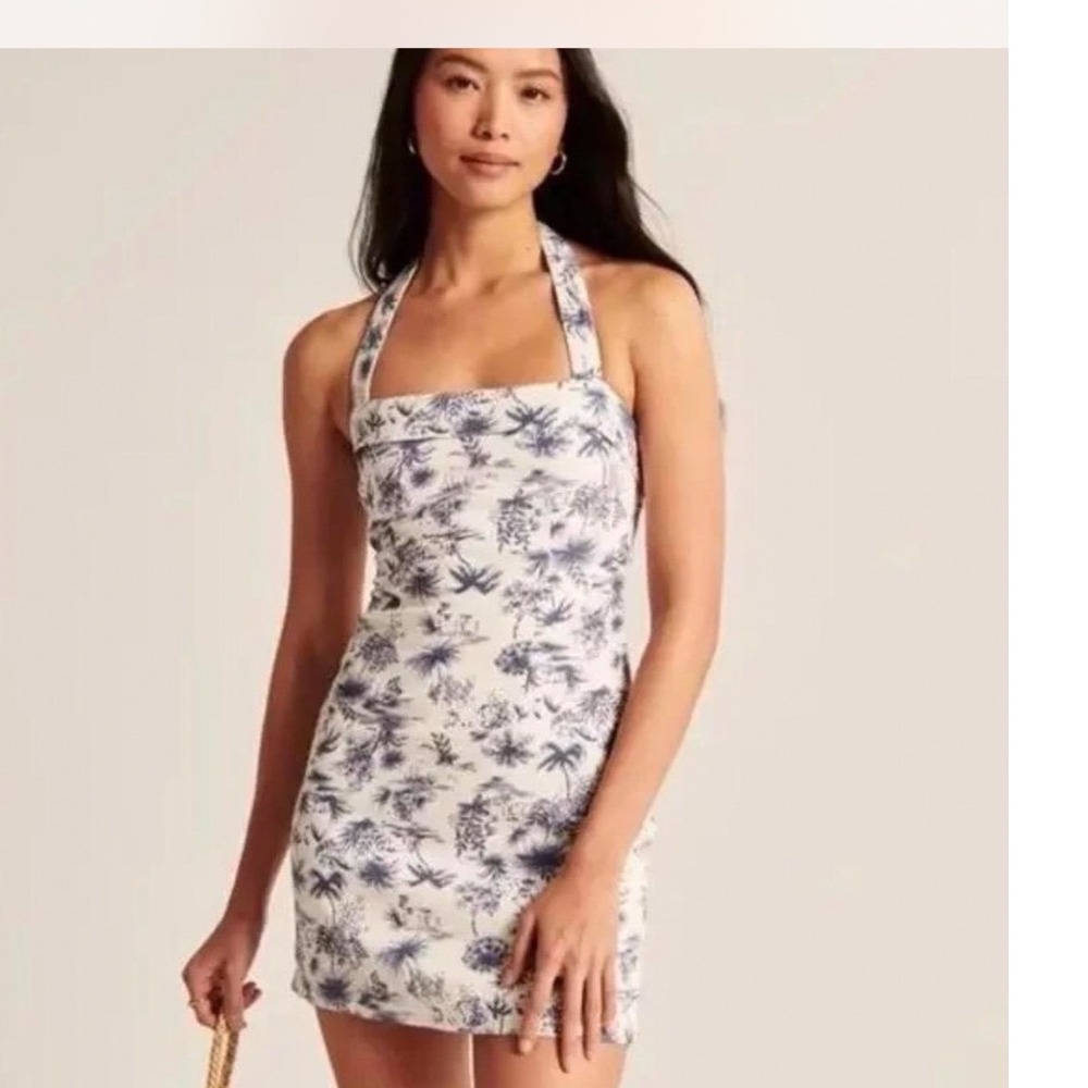 Abercrombie & Fitch Blue White Tropical Toile Halter Mini Dress Smocked Back M